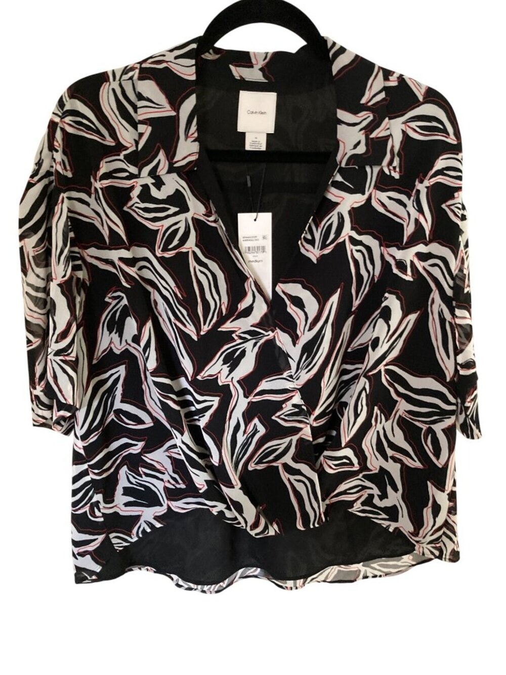 Calvin Klein Womens Printed Peasant Short Sleeve Wrap Blouse Printed NWT